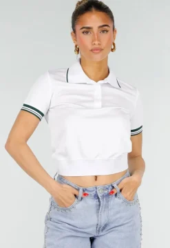 Witte Cropped Polo met Groene Contrasterende Strepen