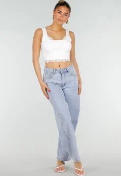 Witte Cropped Top met Kanten Rand en Brede Bandjes