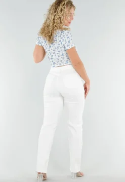 Witte Crop Top met Blauwe Bloemen en Kanten Halslijn