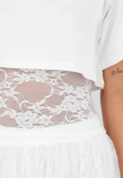 Witte Crop Top met Korte Mouwen en Vaste Kanten Rand