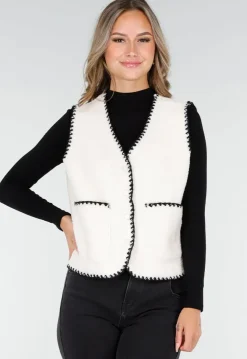 Wit Teddy Gilet met Zwarte Randen en Knoopsluiting