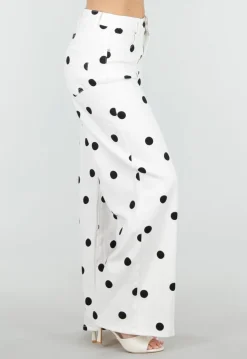 Witte Denim Wide Leg Jeans met Zwarte Stippen Print