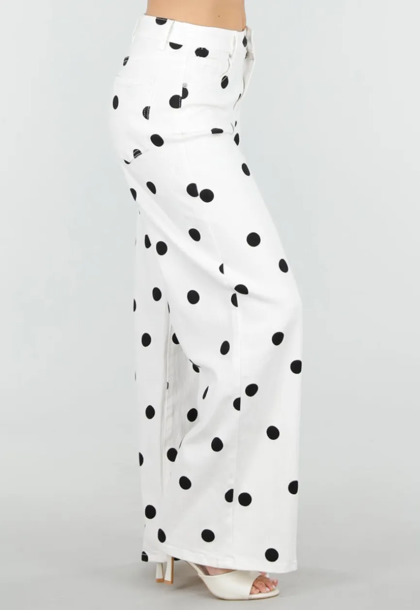 Witte Denim Wide Leg Jeans met Zwarte Stippen Print