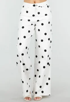 Witte Denim Wide Leg Jeans met Zwarte Stippen Print