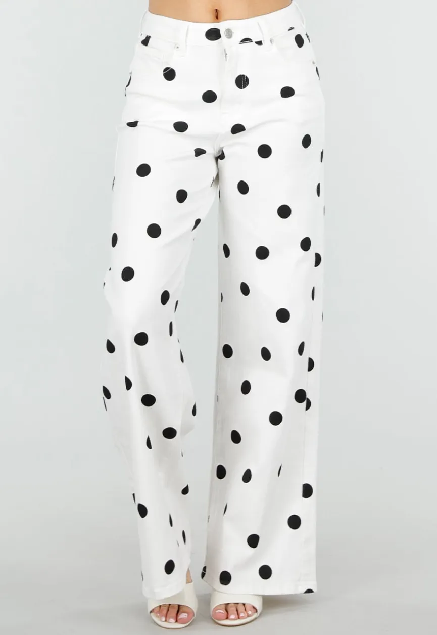 Witte Denim Wide Leg Jeans met Zwarte Stippen Print