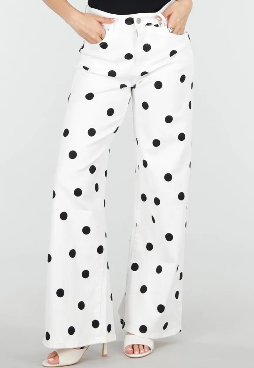 Witte Denim Wide Leg Jeans met Zwarte Stippen Print