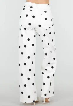 Witte Denim Wide Leg Jeans met Zwarte Stippen Print