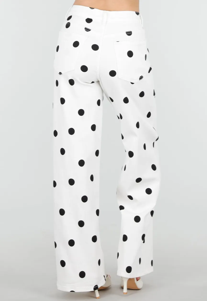 Witte Denim Wide Leg Jeans met Zwarte Stippen Print