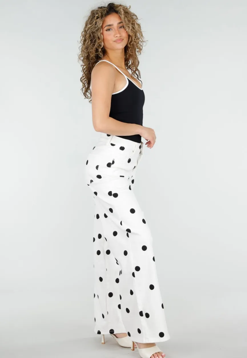 Witte Denim Wide Leg Jeans met Zwarte Stippen Print