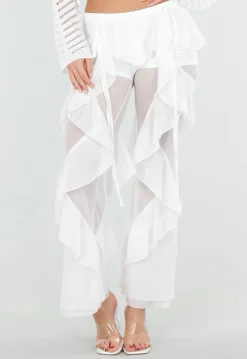 Witte Doorschijnende Broek met Stretch Ruffles en Voering