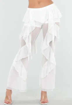 Witte Doorschijnende Broek met Stretch Ruffles en Voering