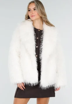 Witte Fluffy Jas met Lange Mouwen en Brede Kraag