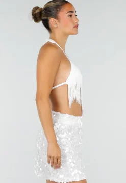 Witte Fringe Halter Top met Verstelbare Rugsluiting