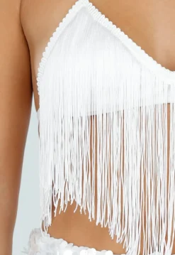 Witte Fringe Halter Top met Verstelbare Rugsluiting
