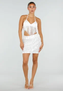 Witte Fringe Halter Top met Verstelbare Rugsluiting