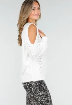 Witte Gebreide Trui met Cut Out en Off Shoulder