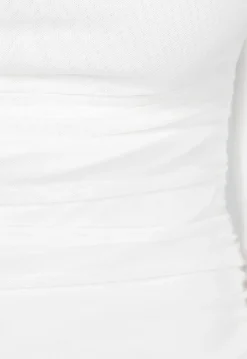 Witte Gedrapeerde Mesh Jurk met Pofmouwen