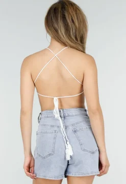 Witte Gehaakte Halter Top met Open Rug en Kwastjes
