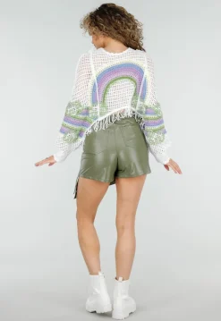 Witte Gehaakte Top met Regenboogprint en Franjes