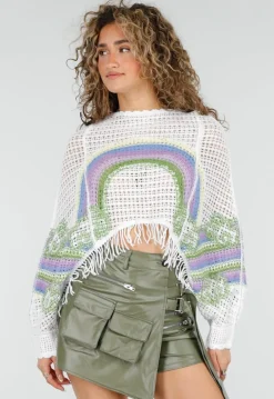 Witte Gehaakte Top met Regenboogprint en Franjes