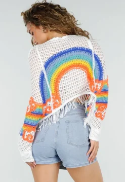 Witte Gehaakte Trui met Regenboog Print en Franjes