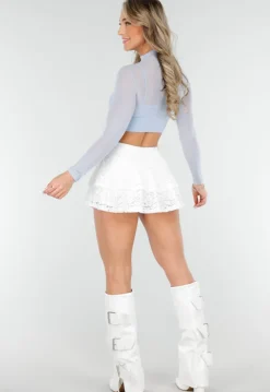 Witte Gelaagde Skort van Kant met Ruffles en Brede Tailleband