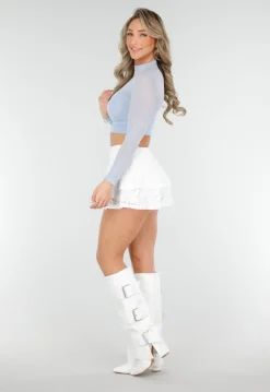 Witte Gelaagde Skort van Kant met Ruffles en Brede Tailleband