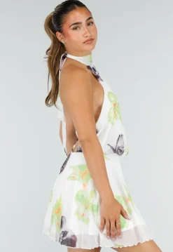 Witte Halter Mini Jurk met Bloemenprint en Open Rug