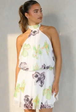 Witte Halter Mini Jurk met Bloemenprint en Open Rug