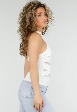 Witte Halter Top met Kant Inzet en Mesh Details