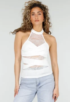 Witte Halter Top met Kant Inzet en Mesh Details