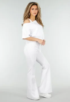 Witte Joggingbroek met Flared Pijpen en Elastische Taille
