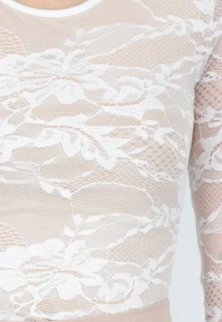 Witte Kant Bodysuit met Stretch en Beige Onderlaag