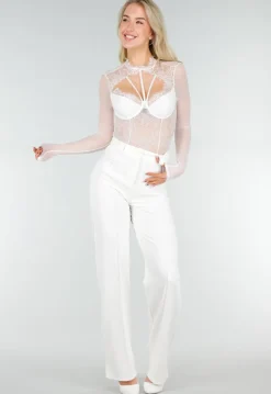 Witte Kanten Body met Lange Mouwen en Beugel