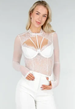 Witte Kanten Body met Lange Mouwen en Beugel