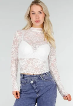 Witte Kanten Mesh Top met Stretch en Col
