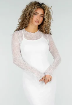 Witte Kanten Midi Jurk met Lange Mouwen en Stretch