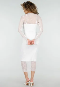 Witte Kanten Midi Jurk met Lange Mouwen en Stretch