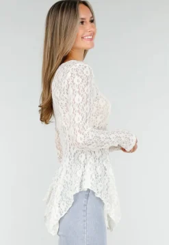 Witte Kanten Peplum Top met Knopen en Lange Mouwen