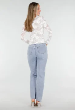Witte Kanten Stretch Top met Lange Mouwen
