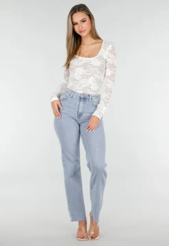 Witte Kanten Stretch Top met Lange Mouwen