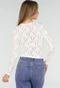 Witte Kanten Wikkel Top met Lange Mouwen