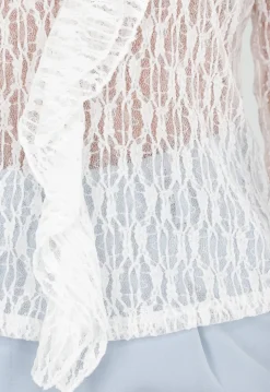 Witte Kant Top met Ruches en Lange Mouwen