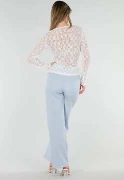 Witte Kant Top met Ruches en Lange Mouwen