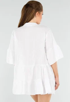Witte Katoenen Tuniekjurk met Knopen en Ruches aan de Mouw
