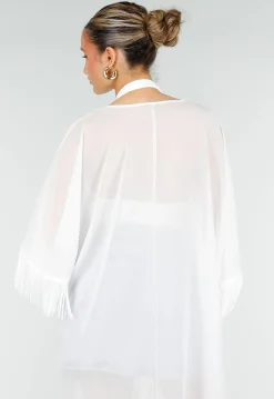 Witte Kimono met Halflange Mouwen Franjes en Striksluiting