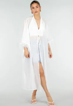 Witte Kimono met Halflange Mouwen Franjes en Striksluiting