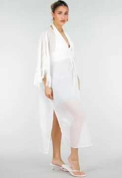 Witte Kimono met Halflange Mouwen Franjes en Striksluiting