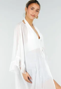 Witte Kimono met Halflange Mouwen Franjes en Striksluiting