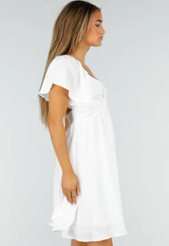 Witte Korte Jurk met Strik, Open Rug en Korte Mouwen